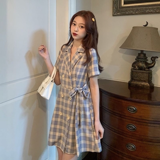 พร้อมส่ง Dress Korean ชุดเดรสสูทเกาหลีลายสก๊อตแขนสั้นทรงเอดูผอม เดรสสั้นเอวสูงดูผอม เดรสผู้หญิง