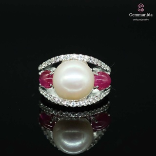 แหวนมุก ทับทิม และ white sapphire ขนาด 54
