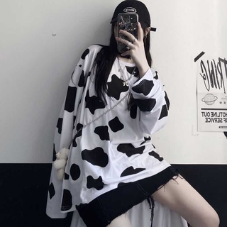 Women Korean Fashion Cow Print Loose Oversize Long Sleeve T-Shirts Loose Tops