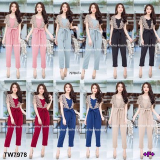 จั้มสูทลูกไม้มงกุฏคอวีขายาวผูกเอว TW7978