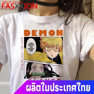 คอตต้อนคอกลมผ้าฝ้าย 100%เสื้อยืดลำลอง เสื้อยืดลายกราฟฟิก Kimetsu No Yaiba Demon Slayer Short sleeve T-shirtsS-3XLS-5XL