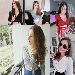 🌈MesubShop🌈 เสื้อครอป ผูกเอว พันเอว แขนยาว งานสวยใส่ออกมาน่ารักจ้า เนื้อผ้าเรยอนยืดตามตัว   DJ
