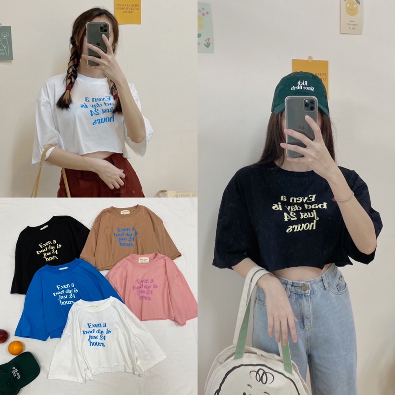 EN🌷เสื้อครอปแขนสั้นสกรีนลาย สุดฮอตตต เนื้อผ้าคอตตอนแท้100% (24HR)