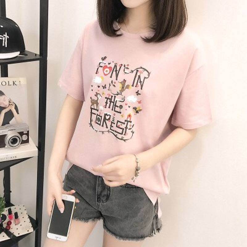 TTO เสื้อยืดแฟชั่นผู้หญิงคอกลมแขนสั้นสไตล์วัยรุ่นเกาหลี อกพิมด้วยลายแก๋ๆ รุ่น-110