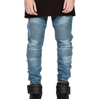 Mens Skinny Biker Jeans เดอร์รี่ Rider รถจักรยานยนต์รันเวย์กางเกงยีนส์บาง Joggers(สีน้ำเงิน)