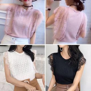 เสื้อยืดลำลองสำหรับสตรีแขนกุดคอกลมปักลายลูกไม้
