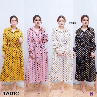 J13100 Maxi Dress เดรสเชิ้ตยาว ลายจุด + สายผูกเอว