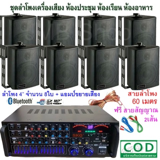 ชุดเครื่องขยายเสียงพร้อมลำโพง ตู้ลำโพงแขวน ลำโพงติดผนัง ร้านอาหาร ห้องคาราโอเกะ ประชาสัมพันธ์ ห้องประชุม SK-777+ZIN-4*8+