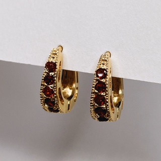 Scarlet Red Pavé CZ Huggies, 18K Gold Plated Sterling Silver Earrings E0144 | เงินแท้ 925 ชุบทองเเท้ 18 กะรัต