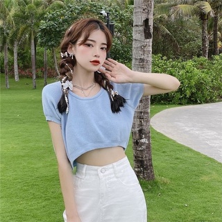 เสื้อครอปแขนสั่น ไหมพรม คอกลม สีพื้นน่ารัก SGH0088 สี ชมพู ดำ ขาว ครีม น้ำตาลอ่อน ฟ้า แดง