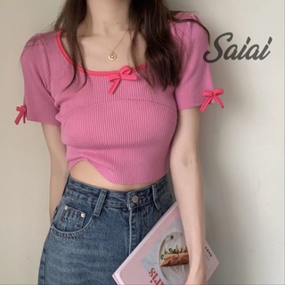 Saiai เสื้อครอปท็อป แขนสั้น คอสี่เหลี่ยม ผ้าถัก สไตล์เกาหลี แฟชั่นสําหรับผู้หญิง