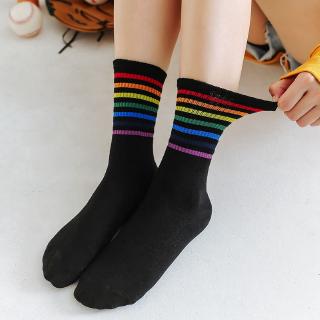 Fashion Winter Rainbow Striped Girls Crew Socks Korean Style Autumn Cotton Sweet Colorful Women Casual High Ankle Socks Female Mid-calf Length Socks Novelty Girls Hosiery