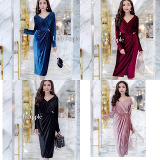 เดรสอัดพรีทผ้ากำมะหยี่ ไขว้หน้า งานขายดี ใส่แล้วดูแพงมาก💋💋ออกงานได้ มาพร้อมเข็มกลัดมุก