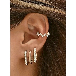 Rhinestone Earrings (3pcs) + Rhinestone Ear Cuff (1pcs) : ต่างหูฝังเพชร 3 ชิ้น และต่างหูฝังเพชรแบบหนีบ 1 ชิ้น