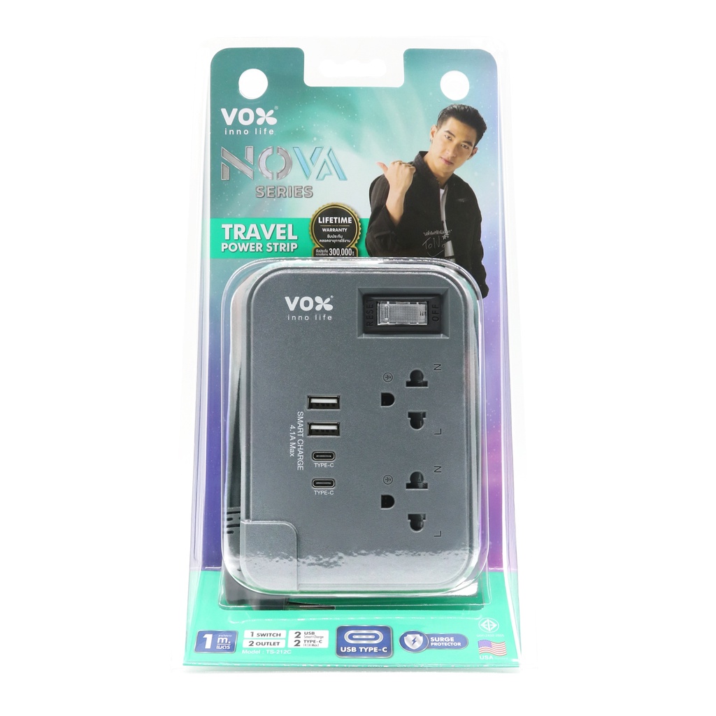 ปลั๊กไฟ Vox TS-212C (สายไฟยาว1เมตรเก็บม้วนได้,usb typec,2500วัตต์ ประกันตลอดอายุการใช้งาน)