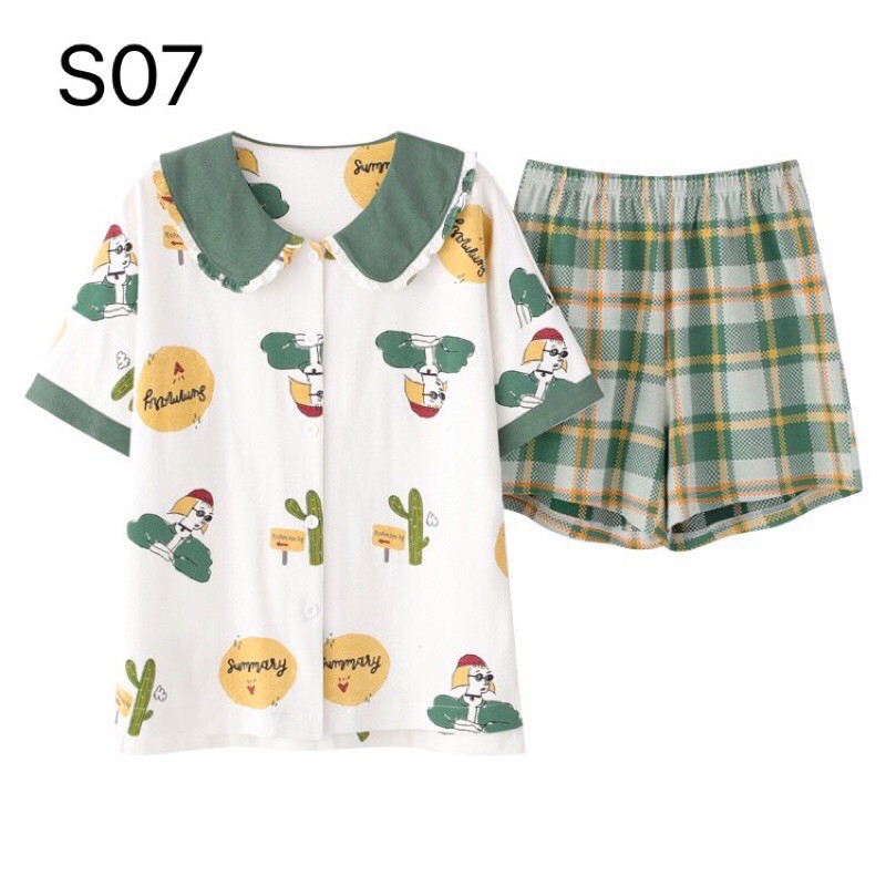 🌟พร้อมส่ง🌟 S07 ชุดนอน แขนสั้นขาสั้น ลายการ์ตูนเขียว 💌ส่งฟรีลงทะเบียน💌