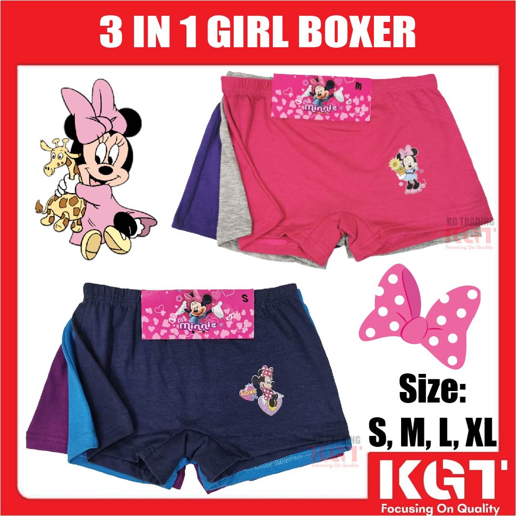 GIRL BOXER 3IN1 KIDS สี PLAIN CARTOON DISNEY MINNIE MOUSE SELUAR DALAM BOXER BUDAK PEREMPUAN 3 HELAI