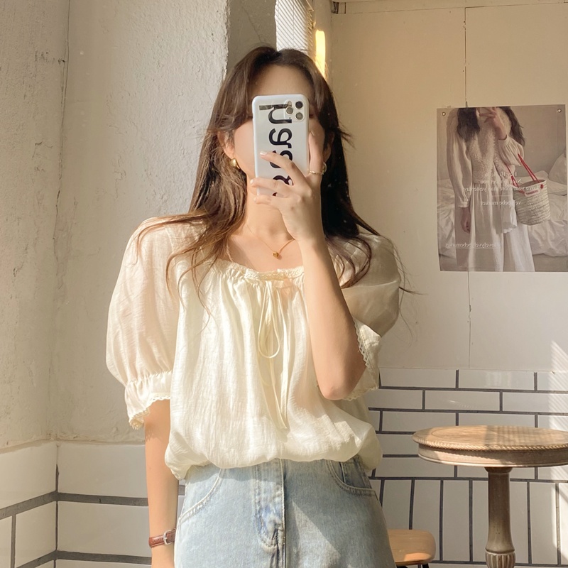 Fdg ฯลฯ เสื้อเชิ้ตแขนสั้นคอเหลี่ยมสีเรียบง่ายสําหรับผู้หญิง