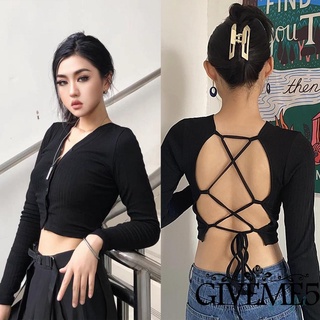 Giveme- เสื้อครอปท็อปแขนยาว คอวี แต่งรูกลวง เซ็กซี่ สีดํา แฟชั่นฤดูใบไม้ผลิ และฤดูใบไม้ร่วง สําหรับผู้หญิง