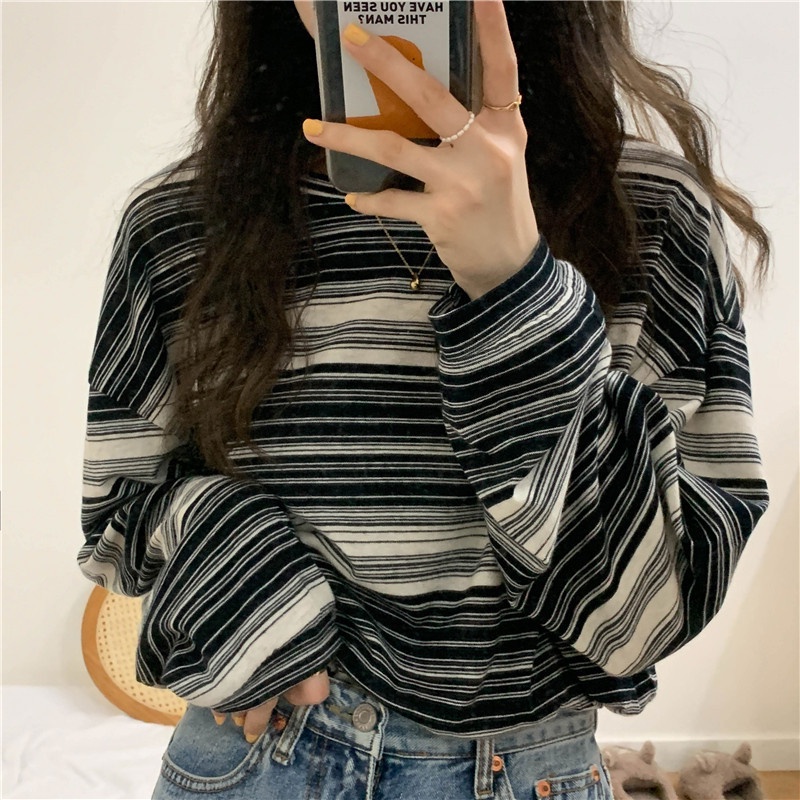 เสื้อยืดแขนยาวลายทางทรงหลวมแฟชั่นสําหรับผู้หญิง ราคา ถูกที่สุด ดีลบีเคเค แกลเลอรีภาพที่ 8