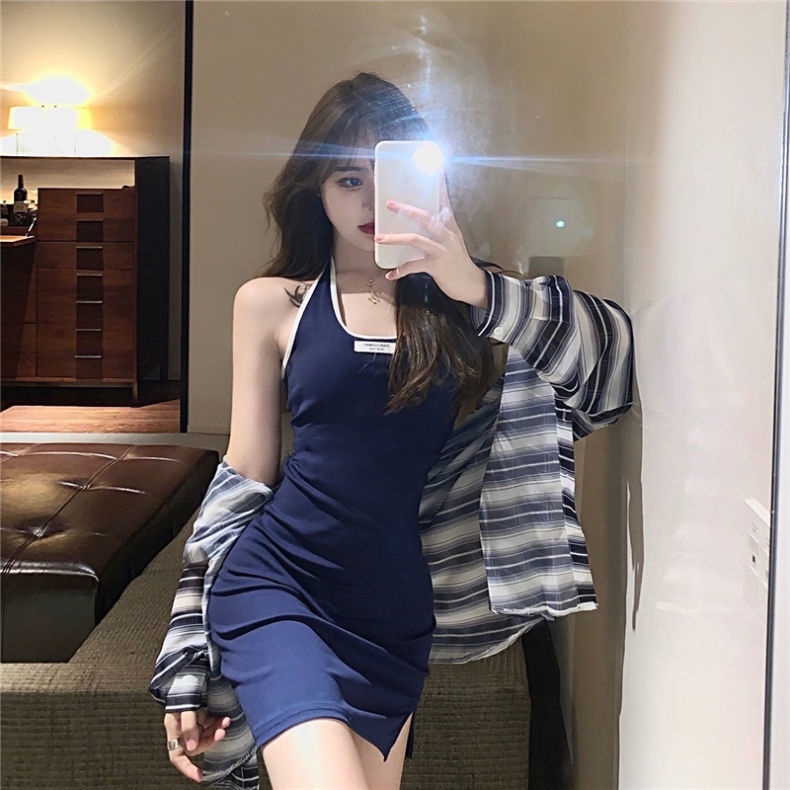 Toshow สไตล์ฮ่องกงรอยัลน้องสาวสไตล์เซ็กซี่แขวนชุดเชือกแขวนคอชุดฤดูร้อนของผู้หญิงเอวบางอารมณ์กระเป๋าสะโพกสาวร้อนกระโปรงส