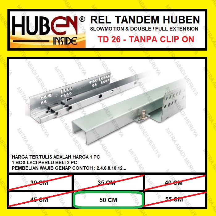 HUBEN รางลิ้นชัก Tandem 50 ซม. HUBEN TD-26 Tandem Rail