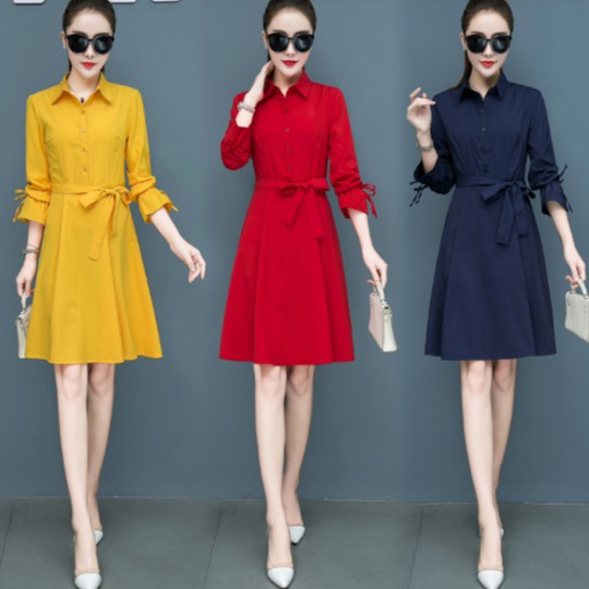 【พร้อมส่งในไทย】เดรสสั้น แขนยาว กระดุมหน้า L,XXXL อก32-39ใส่ได้