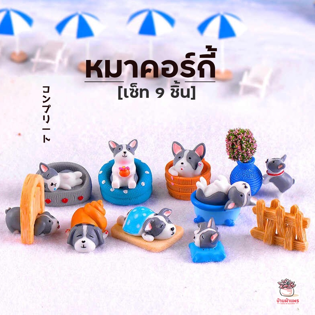 หมาคอร์กี้ เซ็ท 9 ตัวพร้อมอุปกรณ์ ตุ๊กตาจิ๋ว โมเดลจิ๋ว แต่งสวน