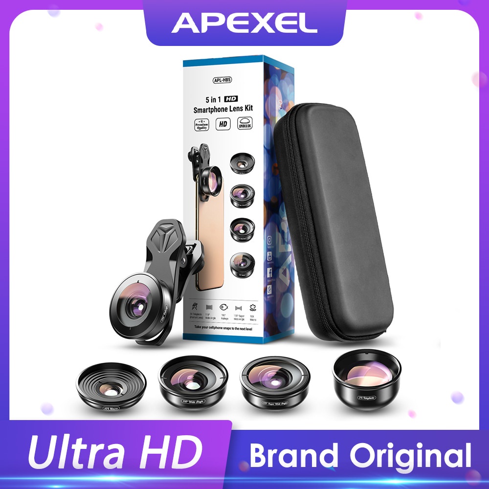 APEXEL HD 5 in 1 กล้องเลนส์โทรศัพท์ 4K เลนส์มาโครกว้างภาพเลนส์ super Fisheye ตัวกรอง CPL สําหรับสมาร์ทโฟนทุกรุ่น