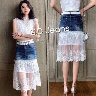 G.D.Jeans รุ่น TL21#กระโปรงยีนส์ผ้ายืดทรงเอสีเข้มแต่งลูกไม้สีขาวปลายแบบน่ารัก 💦💦