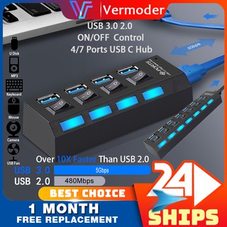 Usb Hub 3 . 0 2 . 0 4 / 7 พอร์ต Splitter ความเร็วสูง Hab Usb Hub อะแดปเตอร์พร้อมสวิตช์ On / Off