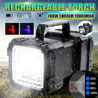 ไฟฉาย LED 5000LM 200W ชาร์จแบตเตอรี่ สว่างมาก ชาร์จ USB สําหรับตั้งแคมป์