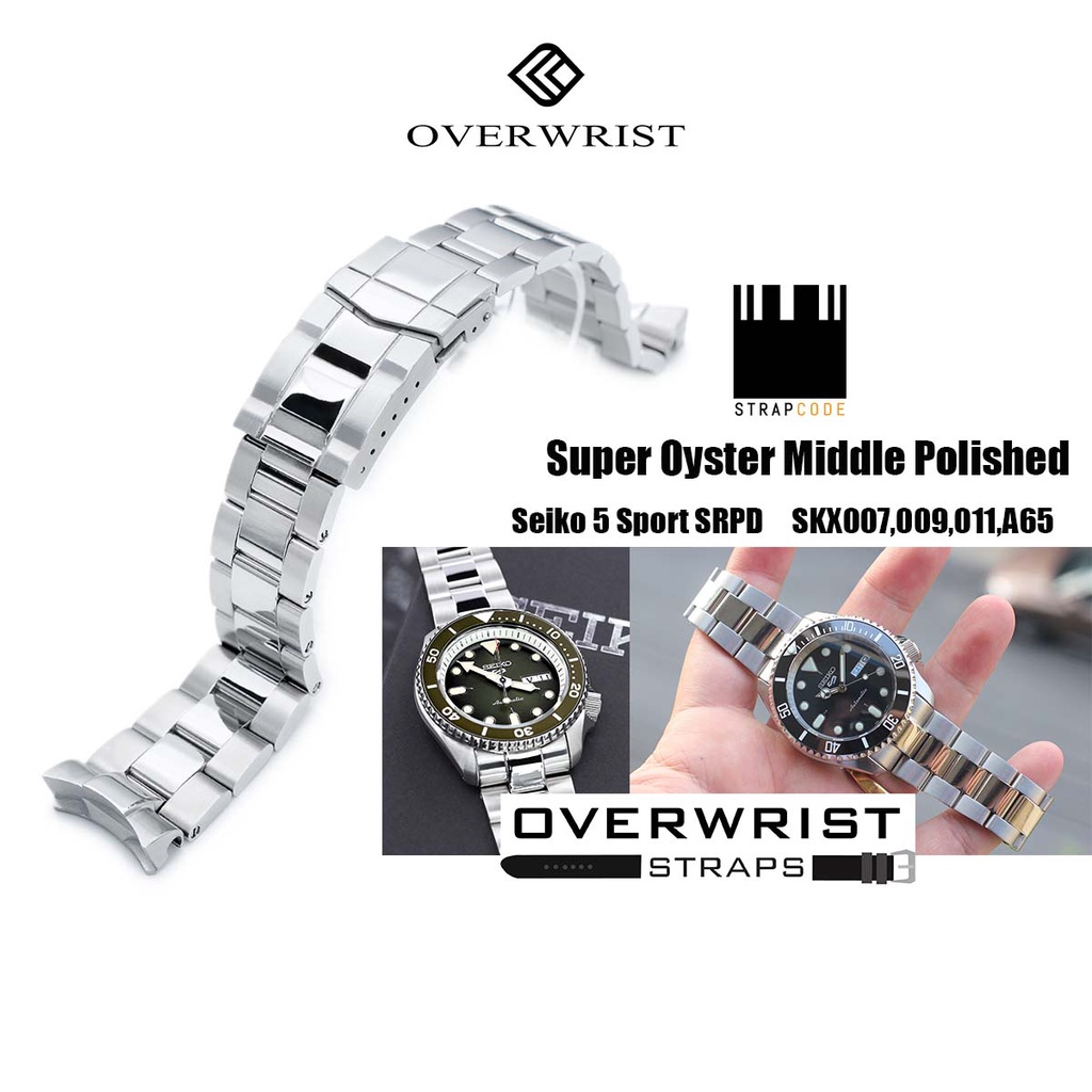 สายนาฬิกา strapcode super oyster middle polished for skx007,009,011,A65,7002 และ Seiko5 Sport SRPD