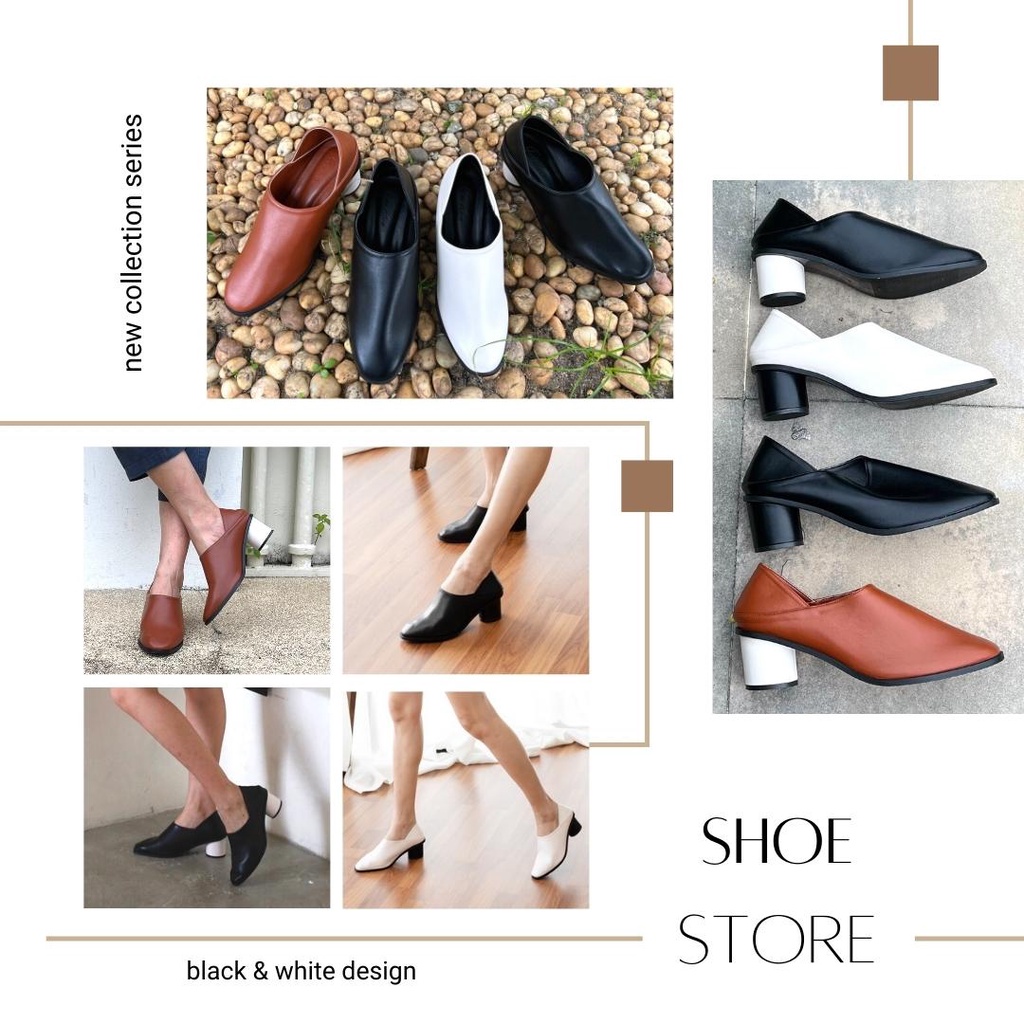 Shoe store รุ่น B&amp;W รองเท้าคัชชูขาว-ดำ ส้นสูง 2 นิ้ว โลฟเฟอร์ ทรงสวย Women’s Loafers