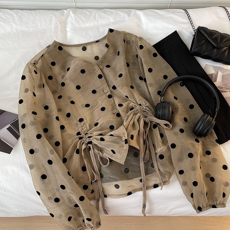 สไตล์เกาหลีผู้หญิงสุภาพสตรีหลวมซาติน Polka Dot เสื้อเชิ้ตแขนยาวผู้หญิง