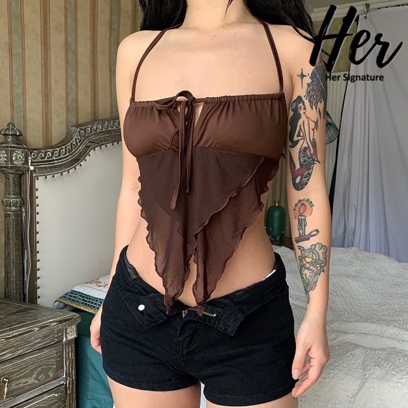 SALE/พร้อมส่ง สายเดี่ยวคล้องคอ สายเดี่ยวสาวอวบ ครอปซีทรู เสื้อไปทะเล ครอปรัดรูป เกาะอกลูกไม้ เกาะอกซีทรู 3799