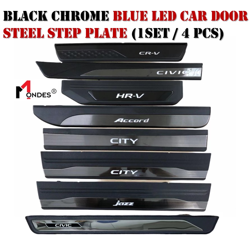 (สีดํา Chrome) HONDA CIVIC FC FE CITY HR-V HRV 2022 ACCORD JAZZ CR-V CRV Blue LED ประตูรถด้านข้าง Sill Step Plate