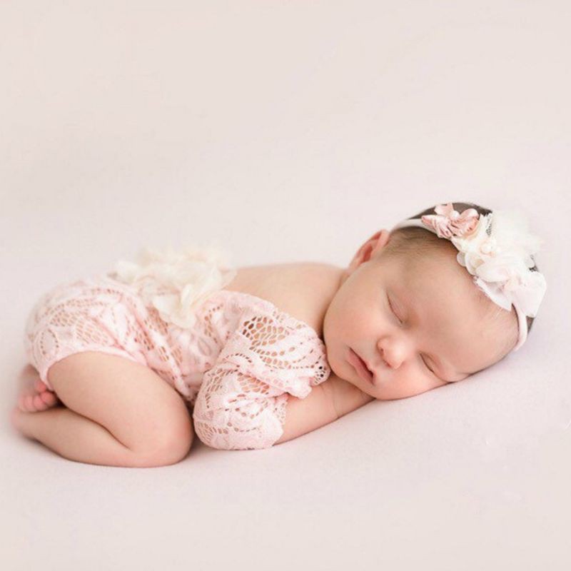 ชุดจัมพ์สูทสําหรับเด็กทารกปักลายลูกไม้ + ที่คาดผมติดไข่มุก
