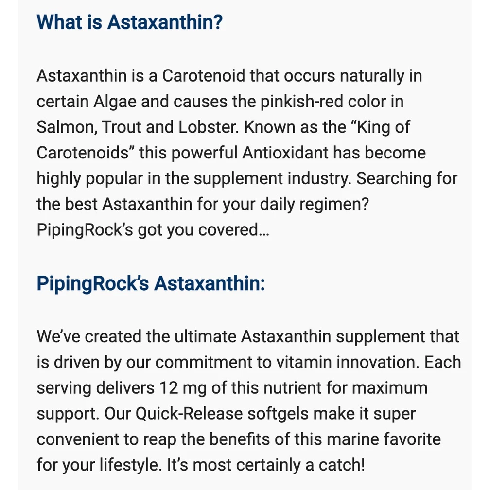 Piping Rock Astaxanthin 12mg 60 Softgels thumbnail 6