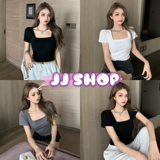 JJ shop💜พร้อมส่ง เสื้อยืดครอปแขนสั้น คอเหลี่ยม ผ้านิ่มลื่นใส่สบายสุดๆ น่ารักคาวาอี้ "DX-6746-H"