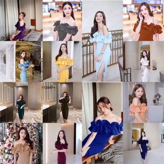 11284 Dress เดรส ปาดไหล่ ระบายผ่าหน้า Off-the-shoulder, slit-front dress