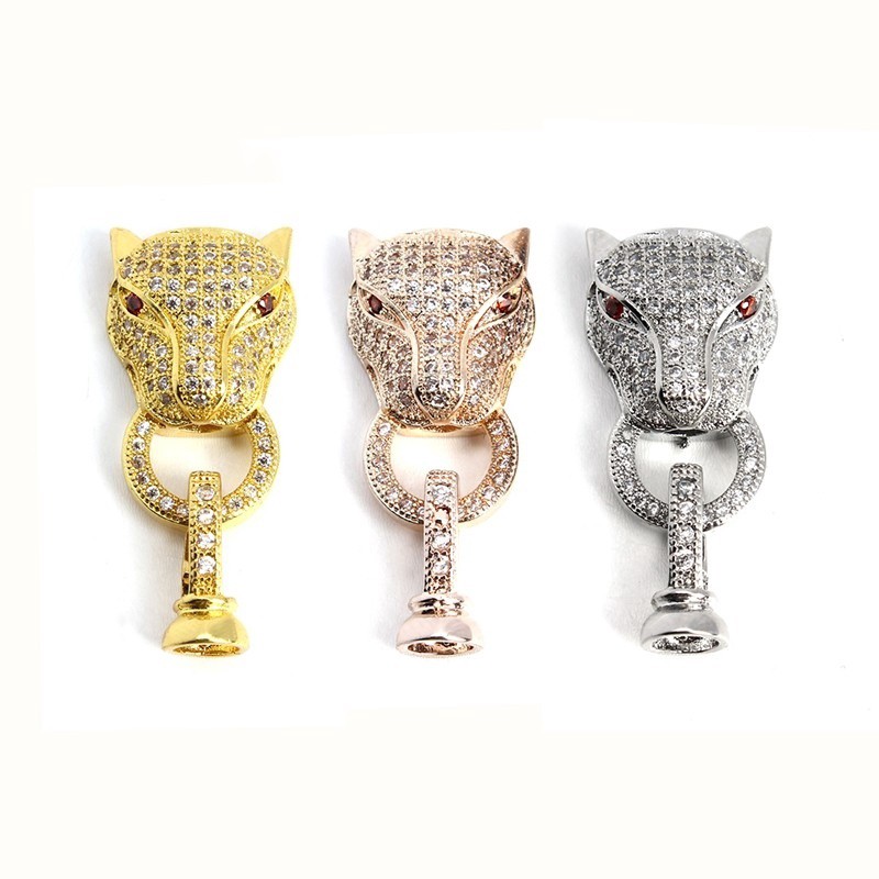 ทองแดงเสือดาวหัวล็อคฤดูใบไม้ผลิ Claspsps Micro Pave Zircon ลูกปัด Meatal Claspsps สําหรับหนัง Bracel