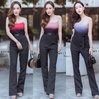 Jumpsuit ชุดจั้มสูทแขนกุดขายาว ด้านบนแต่งด้วยผ้าตาข่ายซีทรู