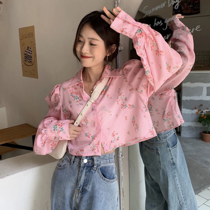เสื้อผู้หญิงแขนยาว ลายดอกไม้ ปกเสื้อหลวม ทรงสั้น thumbnail 5