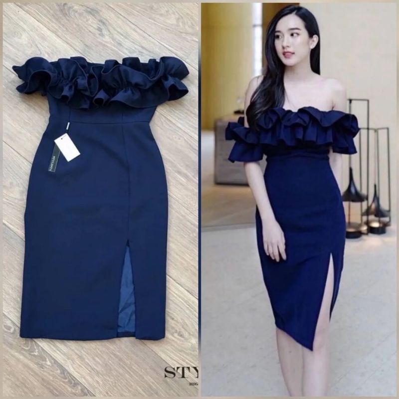 ชุดคุณภาพดี💯ตรงปก✨ร้านนี้มีพร้อมส่งเลย✅ไม่ต้องเช็ค*ส่งไว💐 เดรสเปิดไหล่ระบาย เข้ารูป ชุดออกงานสี น้ำเ