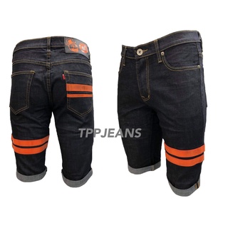 JENASEXPRESS TM Mens Shorts กางเกงยีนส์ขาสั้นชายสีดำยีนส์แถบหนังส้ม ทรงสลิม Size 28-36 รับชำระปลายทาง