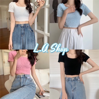 L.A Shop พร้อมส่ง เสื้อครอปไหมพรมคอยู แขนสั้นน่ารักเนื้อผ้านิ่มใส่สบาย "7288" -C