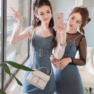 💕เดรสสายเดี่ยวยีนส์ เข็มขัดคู่ ผ้ายีนส์แท้+เสื้อลูกไม้นูนสวย