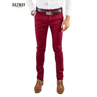 Razway กางเกงชิโน่ ผ้ายืด นุ่มใส่สบาย ทรงกระบอกเล็ก(Slim fit) กางเกงสแล็คชาย (สีแดง) รุ่น RZ816