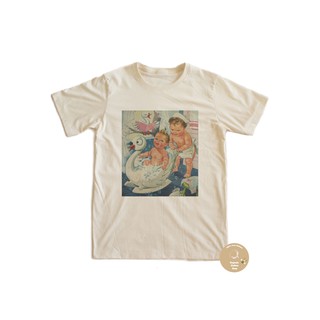 เสื้อยืดพิมพ์ลายคอกลมสีขาวผ้าดิบไม่ฟอกสี
